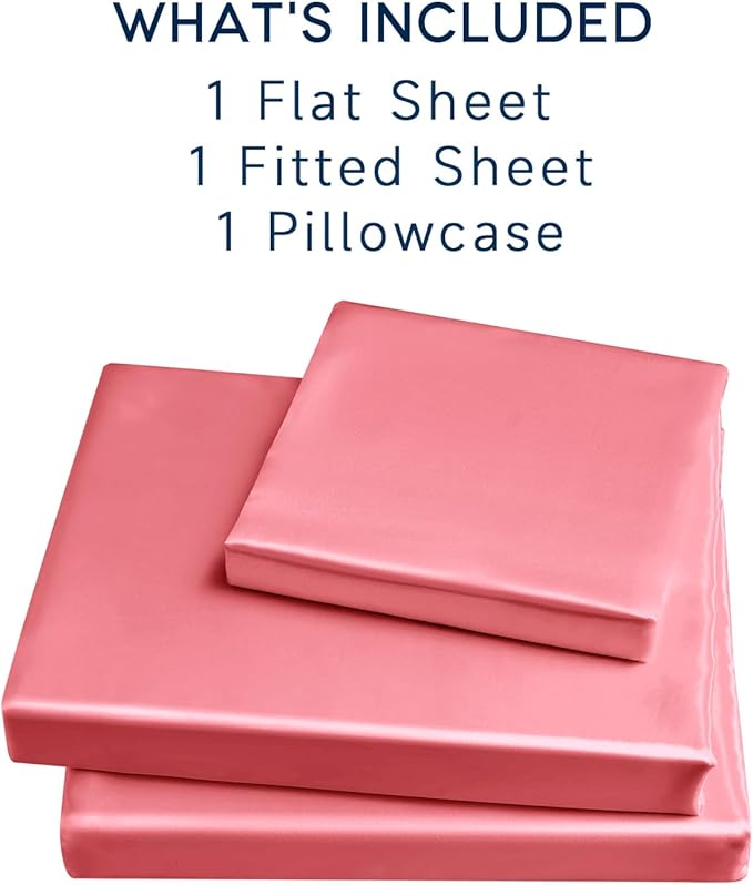 Satin Sheets Twin XL Size - 3 Pieces Luxury Silky Soft Bed Sheets, Wrinkle-Free Pink Satin Silk Sheet Set with 1 Deep Pocket Fitted Sheet, 1 Flat Sheet, 1 Pillow case