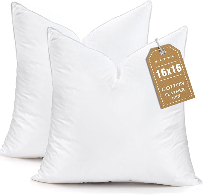 BHZ Euro Throw Pillow Inserts, 16x16 Down Feather Alternative Pillow Inserts Set of 2, Decorative Soft Large Square White Throw Pillows Insert for Couch Bed Dorm Sofa with Cotton Cover