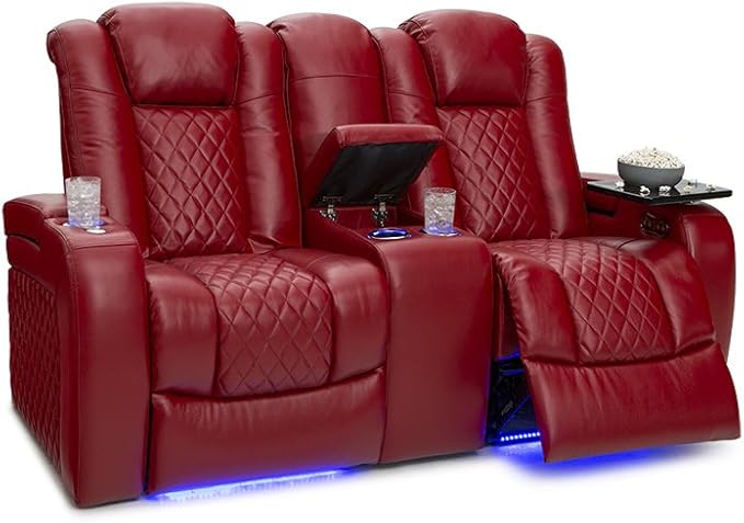 Seatcraft Anthem Home Theater Seating - Italian Leather - Power Recline Loveseat - Center Storage Console - Powered Headrests - Arm Storage - USB Charging - Cup Holders, Red
