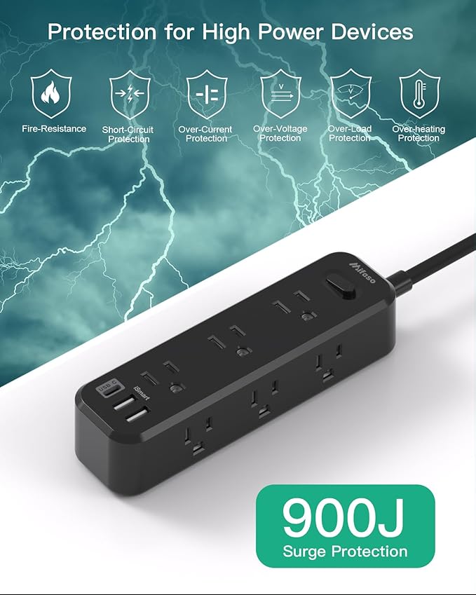 Mifaso Extension Cord, Surge Protector Power Strip, Long Extension Cord with 9 Outlets 3 USB Ports, Extension Cord with Multiple Outlets, USB Power Strip for Dorm Room Essentials, College(20FT, Black)