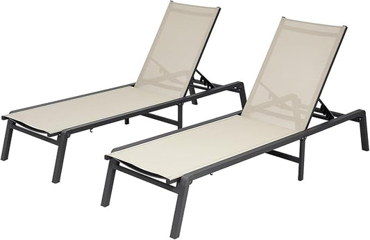 VEVOR Outdoor Chaise Lounge Chair Set of 2, 400 lbs Weight Capacity, Foldable Sun Tanning Chair, 5 Adjustable Positions, Easy Assembly, Aluminum Pool Recliner Lounge Chairs, for Beach Yard Patio