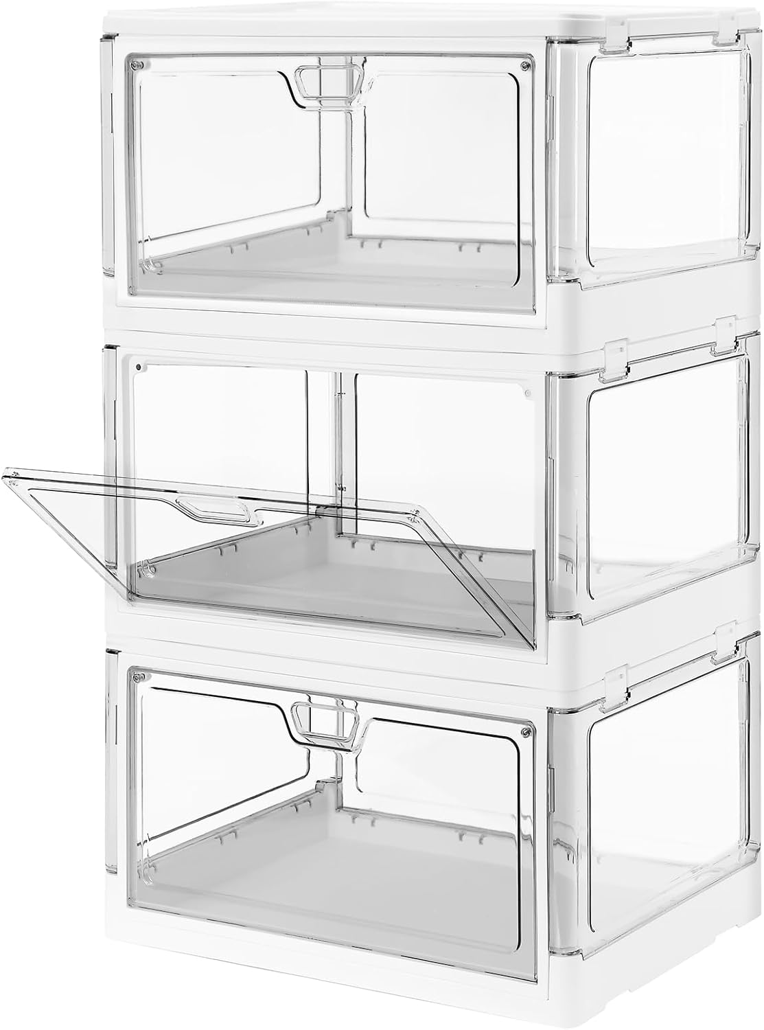 Closet Organizer and Storage Box, Large Essential Collapsible Plastic Car Trunk Container with Clear Lids and Doors, Open Front Multifunctional Stackable Bin for Bedroom, Dorm Room, Craft 80 L