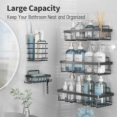 5 Pack Shower Caddy Organizer Rack Shelf for Inside Shower, Self Adhesive Bathroom Wall Storage Basket Rustproof Stainless Steel Large Capacity Shampoo Holder, Dark Grey