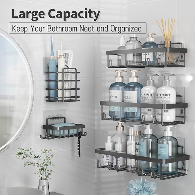 5 Pack Shower Caddy Organizer Rack Shelf for Inside Shower, Self Adhesive Bathroom Wall Storage Basket Rustproof Stainless Steel Large Capacity Shampoo Holder, Dark Grey