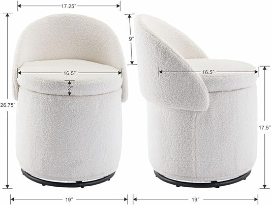 Modern Swivel Ottoman Vanity Chair, Sherpa Upholstered Barrel Club Chairs 360°Degree Swivel Side Chair with Storage, Comfy Makeup Stool for Bedroom Living Room, White