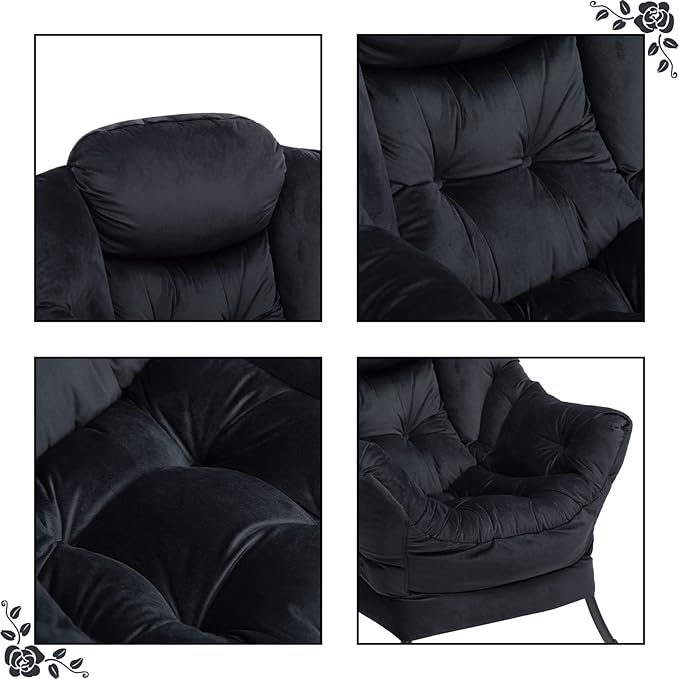 HollyHOME Lazy Chair with Armrest and Side Pocket, Comfy Accent Lounge Chair,Leisure Sofa Armchair for Living Room, Bedroom, Dorm, or Small Spaces, Oversized Reading Sofa Chair,Velvet Black