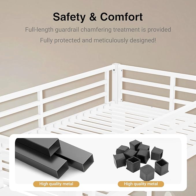 Twin Over Full Bunk Bed, Metal Bunk Bed Frame Heavy Duty Bunk Beds Loft Bed Frame with Ladder and Guardrail Metal Slats No Box Spring Required for Adults Teens, White