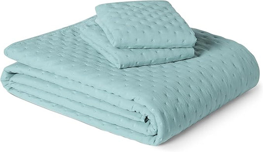Amazon Basics Brushed Microfiber Quilt Set, Extra Soft with Natural Texture, 3-Piece,Queen/Full, Blue