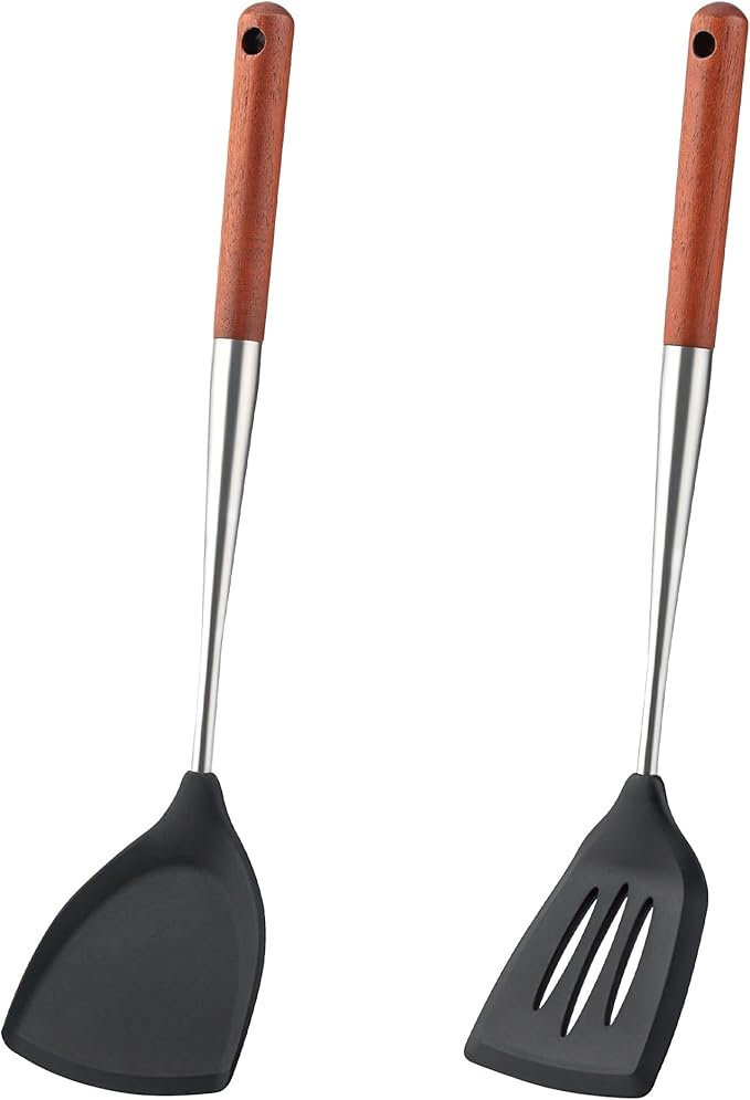 FJNATINH Silicone Spatula & Turner Set Slotted Spatulas,BPA Free Non Stick Heat-Resistant Cooking Utensils Kitchen Cookware with Wooden Handle (Walnut Handle-Spatulas 2PCS)