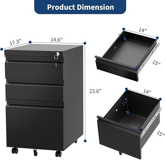 Three-Drawer Filing Cabinet Lockable Under-Desk Side Storage Cabinet Caster-Equipped Filing Cabinet Fits Legal/A4 Paper Sizes Adjustable Shelves Ideal for Office/Home Workspaces - Jet Black