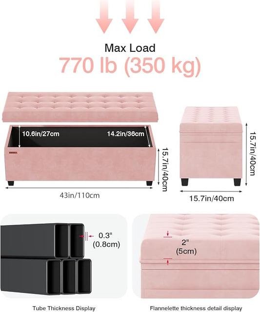 Velvet Storage Ottoman Bench, End of Bed Bench with Legs, Large Entryway Bench, Foot Rest Stool, Tea Table for Bedroom, Living Room, Loads 770 lb, 15.7"L x 43"W x 15.7"H, Jelly Pink, UASND62P
