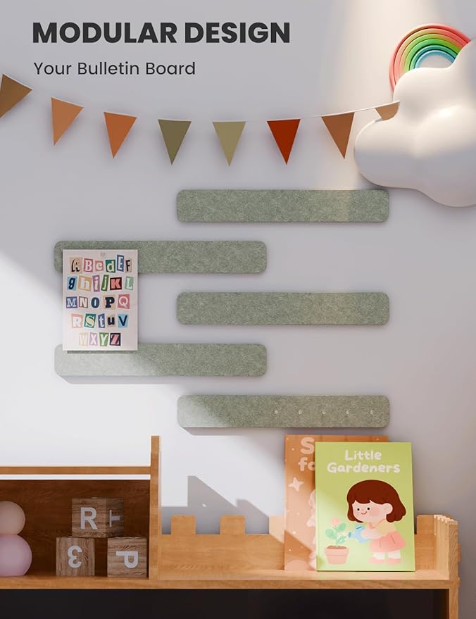 Cork Board Alternative Felt Strip Board 5-Pack 13"x2", Office Pin Board with 35 Push Pins, Adhesive Install for Bedroom Door & Home Office(Sage)