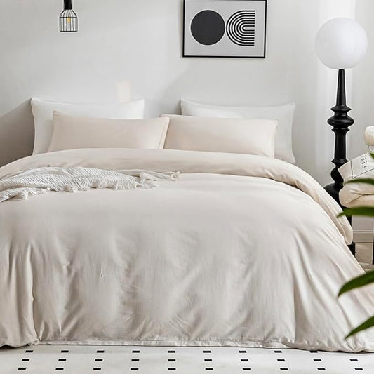 JELLYMONI Beige Duvet Cover King Size - 100% Washed Cotton Linen Like Textured Comforter Cover, 3 Pieces Breathable Soft Bedding Set with Zipper Closure (Beige, King 104"x90")