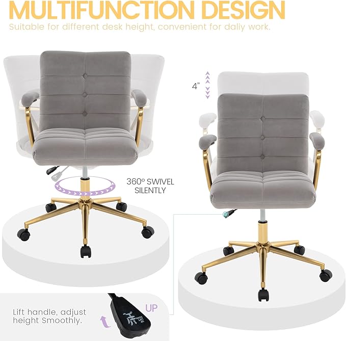 Velvet Home Office Desk Chair, Upholstered Adjustable Swivel Task Chair with Wheels, Tufted Mid-Back Computer Chair with Arms, for Study Living Room Vanity (Grey, Gold Base)