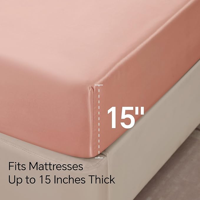 BEDELITE King Size Sheets Set, Luxury Soft Coral Pink Satin Sheets for Hair and Skin, Similar to Silk Bed Sheets Set 4 Pieces with 1 Deep Pocket Fitted Sheet, 1 Flat Sheet, and 2 Pillowcases