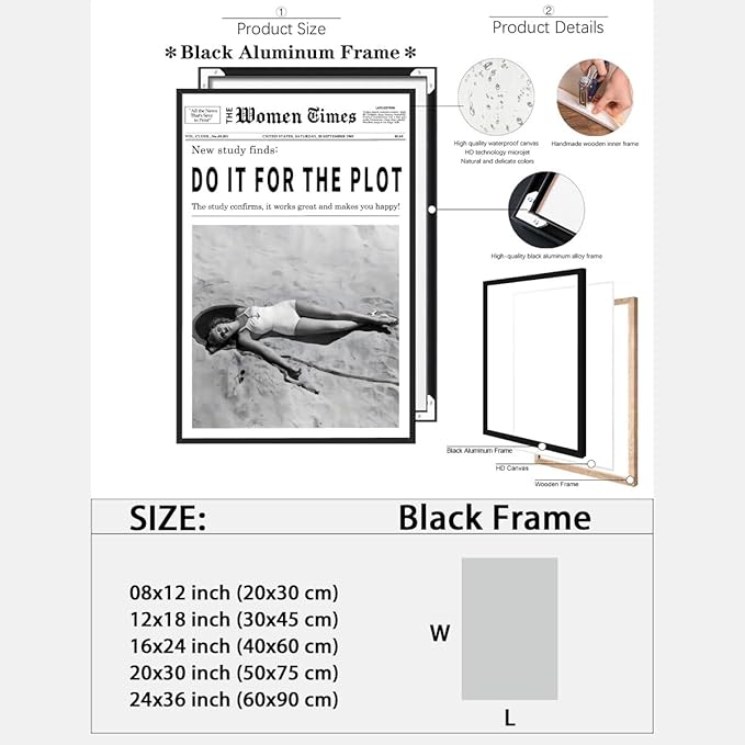 Vintage Women Times Do It for The Plot Wall Art Trendy Black and White Canvas Print Poster Vintage Woman Times Newspaper Prints Beachy Hot Girl Wall Decor for Bar Cart Girls Dorm Bedroom 16x24inch black framed