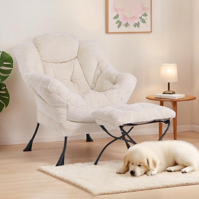 Tiita Lazy Chair with Ottoman, Modern Large Accent Lounge Armchair, Comfy Leisure Sofa Reading Chair with Footrest for Bedroom, Living Room, Dorm Rooms, Garden and Courtyard, Plush Beige