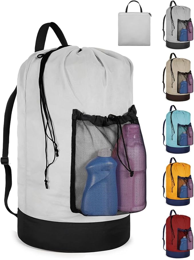 Laundry Bag with Shoulder Straps and Mesh Pocket Laundry Backpack Large Portable Laundry Hamper for College Laundromat Apartment