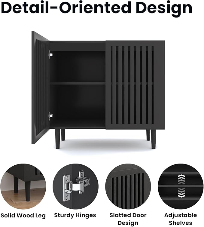 CHUWELL Farmhouse Storage Cabinet, 31.5" Buffet Cabinet with 2 Doors and Adjustable Shelf, Sideboard Coffee Bar with Solid Wood Feet for Kitchen,Dining Room,Living Room,Black