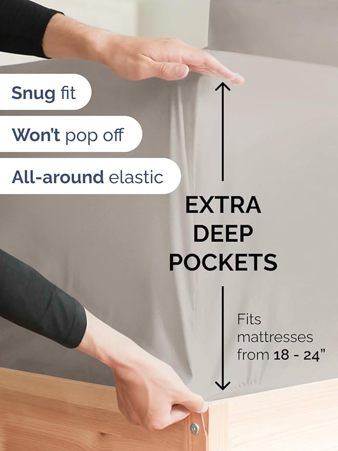 Extra Deep Pocket Split King Sheets - 5 Piece Breathable & Cooling Bed Sheets - Hotel Luxury Bed Sheet Set - Soft, Wrinkle Free & Comfy - Easily Fits Extra Deep Mattresses - Light Grey Sheets Set