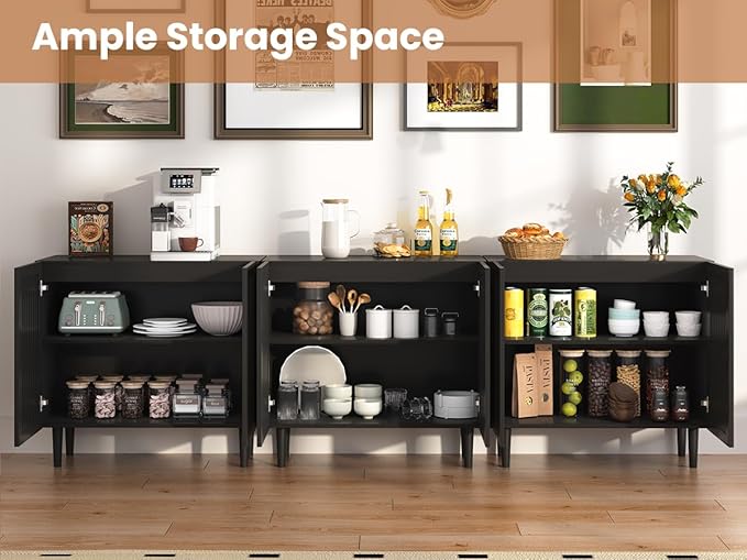 CHUWELL Farmhouse Storage Cabinet Set of 2, 63" Buffet Cabinet with 4 Doors and Adjustable Shelf, Sideboard Coffee Bar with Solid Wood Feet for Kitchen,Dining Room,Living Room,Black