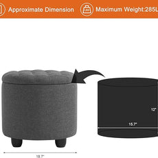 Furniliving 18.7inch Storage Round Ottoman, Footstools with Hidden Storage with Removable Lid, Stylish Button Tufted Design Ottoman Foot Stools for Living Room, Bedroom，Darkgrey