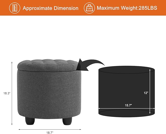 Furniliving 18.7inch Storage Round Ottoman, Footstools with Hidden Storage with Removable Lid, Stylish Button Tufted Design Ottoman Foot Stools for Living Room, Bedroom，Darkgrey