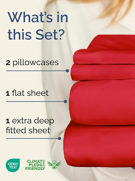Extra Deep Pocket Queen Sheet Set - 4 Piece Breathable & Cooling Bed Sheets - Hotel Luxury Sheet Set - Ultra Soft, Wrinkle Free and Comfy - Easily Fits Extra Deep Mattresses - Deep Pocket Red Sheets
