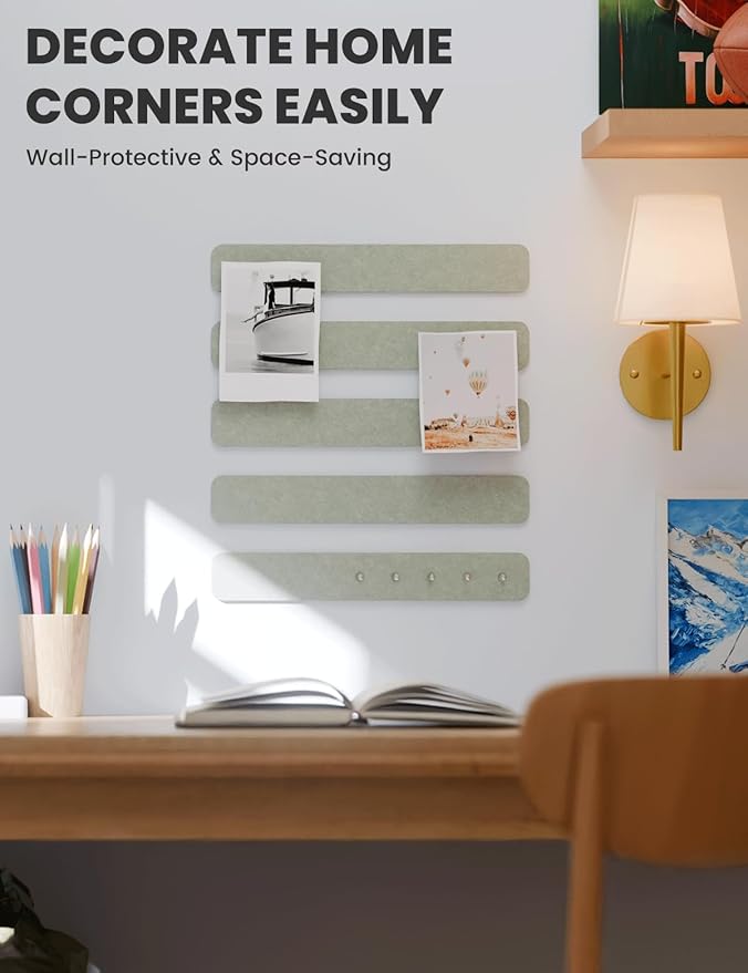 Cork Board Alternative Felt Strip Board 5-Pack 13"x2", Office Pin Board with 35 Push Pins, Adhesive Install for Bedroom Door & Home Office(Sage)