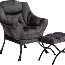HollyHOME Lazy Chair with Foldable Ottoman, Accent Comfy Lounge Armchair and Folding Footrest Stool, Leisure Sofa Reading Chair and Footstool for Living Room, Bedroom, Dorm,Velvet Smoky Grey