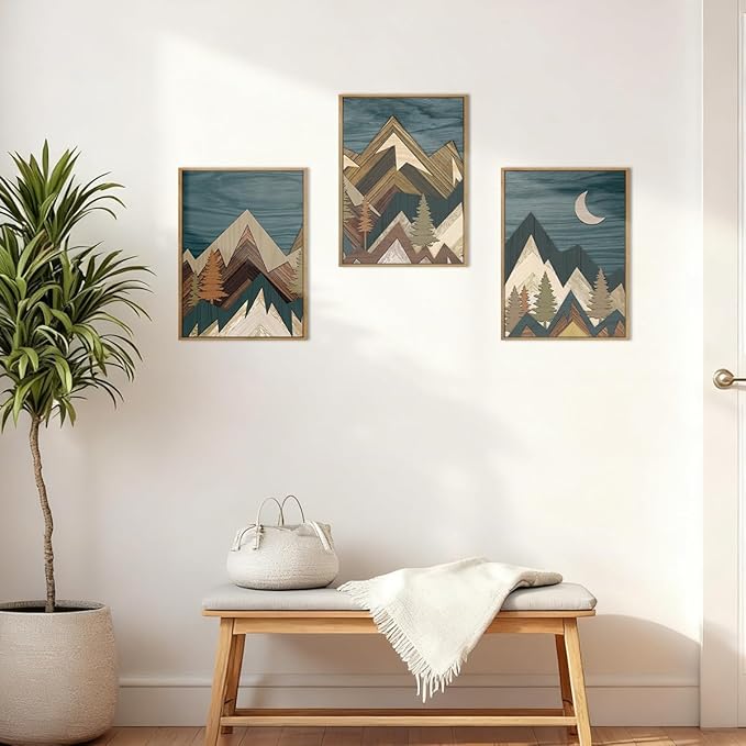 BINCUE Boho Mountain Wall Art Framed Landscape Wall Decor Modern Nature Artwork for Bedroom Living Room Office 12" Lx16 W Set of 3