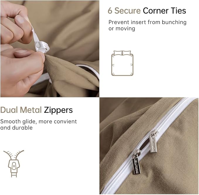 JELLYMONI Khaki Duvet Cover Queen Size - 100% Washed Cotton Linen Like Textured Comforter Cover, 3 Pieces Breathable Soft Bedding Set with Zipper Closure (Khaki, Queen 90"x90")