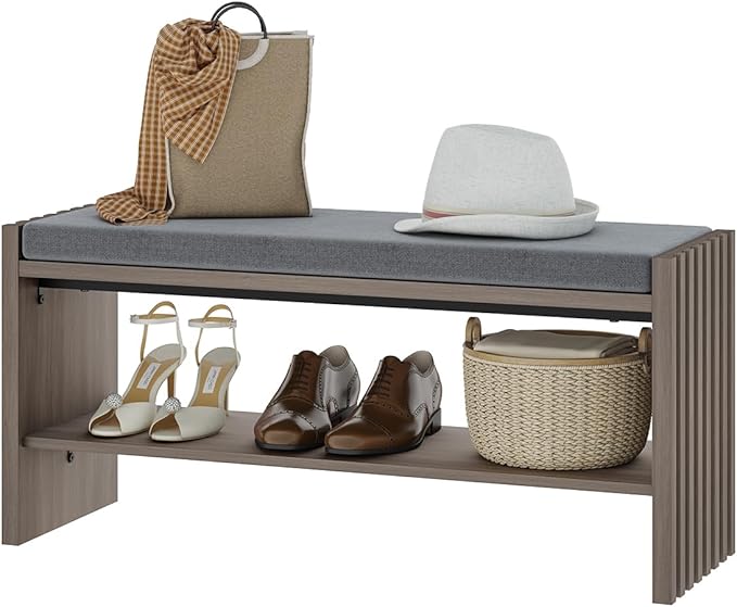 BON AUGURE Shoe Storage Bench Bedroom, Entryway Bench with Cushion, Ottoman Benches for Living Room Hallway Entry (Greige Oak, 40 Inch Wide)