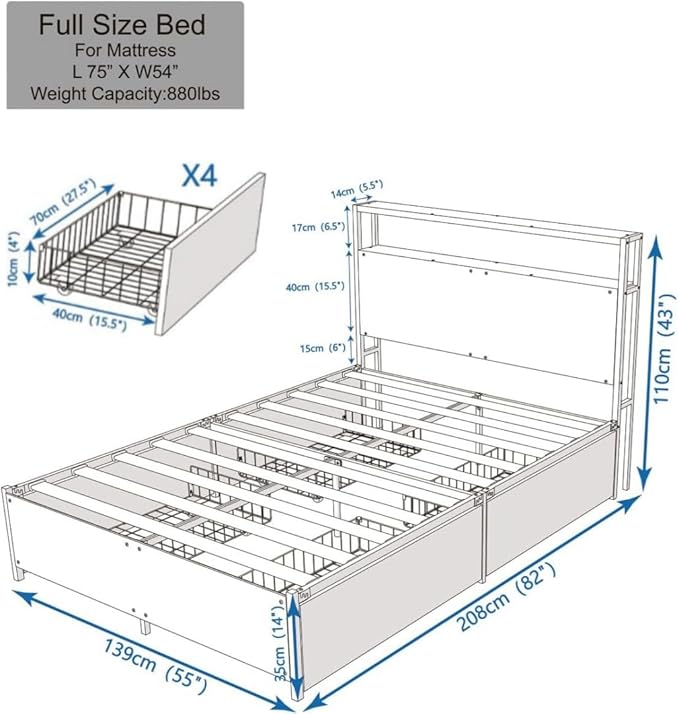Panana 14 Inch Full Size Bed Frame,Industrial Metal Platform Bed Frame with 2 Tier Storage Wooden Headboard and Footboard,4 Storage Drawers,No Box Spring Needed,Black&Grey