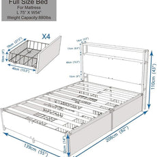 Panana 14 Inch Full Size Bed Frame,Industrial Metal Platform Bed Frame with 2 Tier Storage Wooden Headboard and Footboard,4 Storage Drawers,No Box Spring Needed,Black&Grey