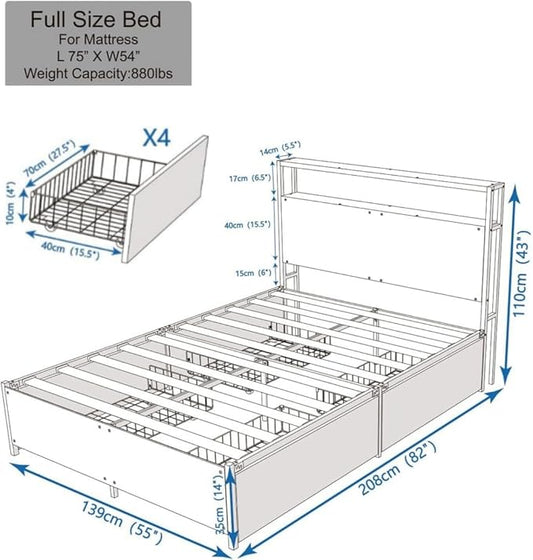 Panana 14 Inch Full Size Bed Frame,Industrial Metal Platform Bed Frame with 2 Tier Storage Wooden Headboard and Footboard,4 Storage Drawers,No Box Spring Needed,Black&Brown