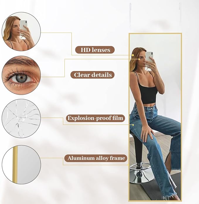 BEAUTYPEAK 16" x 50" Adjustable Height Over The Door Mirror, Full Length Hanging Door Mirror with Shatterproof Tempered Glass Aluminum Alloy Frame for Bedroom, Living Room, Bathroom, Dorm, Gold