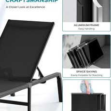 Patio Chaise Lounge Chair Set of 4, Foldable Lounge Chair for Outside, Aluminum Chairs with 5 Adjustable Backrest, Outdoor Pool Lounger for Poolside, Lawn, Patio, Black