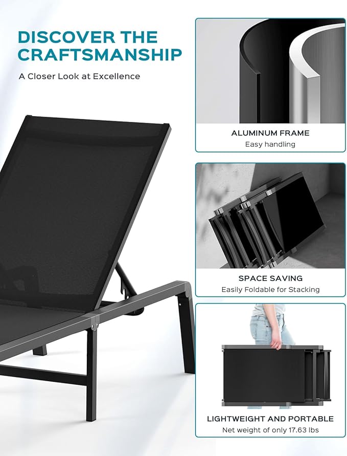 Patio Chaise Lounge Chair Set of 4, Foldable Lounge Chair for Outside, Aluminum Chairs with 5 Adjustable Backrest, Outdoor Pool Lounger for Poolside, Lawn, Patio, Black