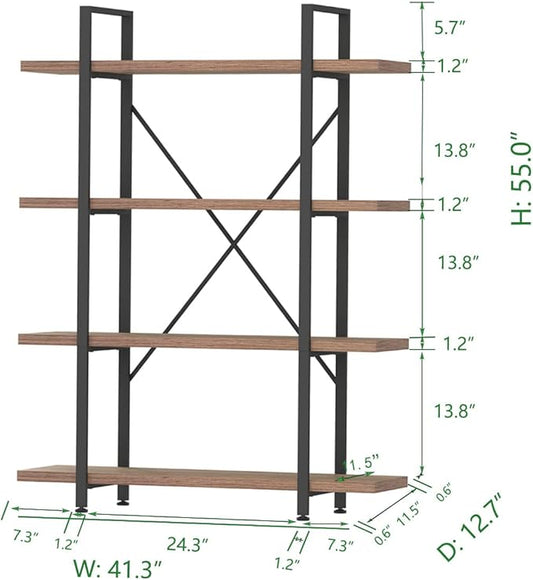 HSH Industrial 4 Tier Bookshelf, Modern Metal and Wood 4 Shelf Bookcase Etagere, Farmhouse Open Wide Display Storage Bookshelves and Bookcases Heavy Duty for Bedroom Living Room Office, Rustic Oak