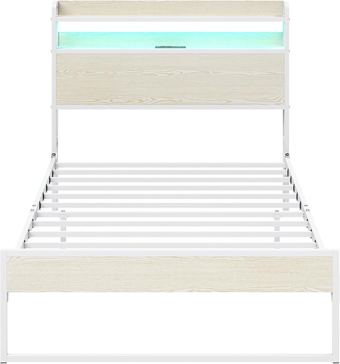 Elephance Twin Bed Frames with Charging Station and LED Lights, Metal Bed Frame with 2-Tier Storage Headboard, No Box Spring Needed, Noise Free, Easy Assembly,Beige