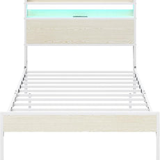 Elephance Twin Bed Frames with Charging Station and LED Lights, Metal Bed Frame with 2-Tier Storage Headboard, No Box Spring Needed, Noise Free, Easy Assembly,Beige