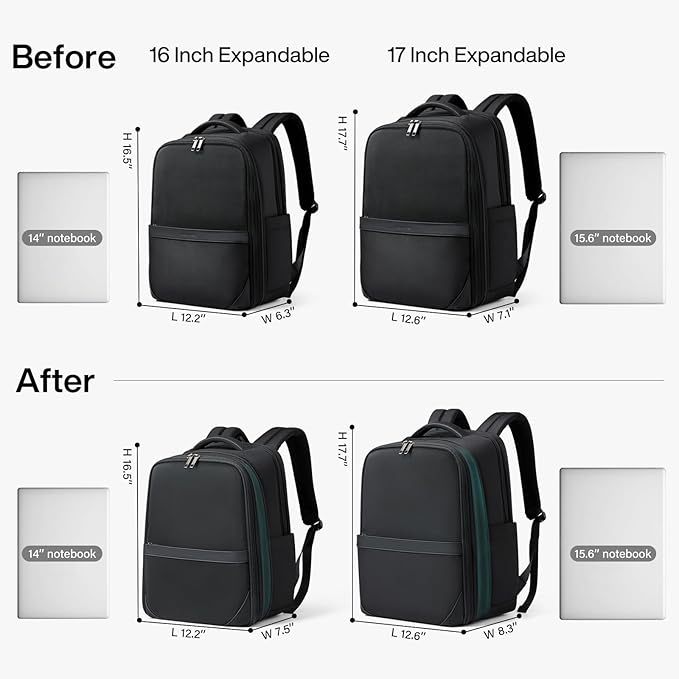 Hanke Expandable Travel Backpack 16 Inch, Full-Open Laptop Backpack Fits 15.6 Inch, Carry On Personal Item Bag with Luggage Strap, Business Work Backpack for Women Men, Black