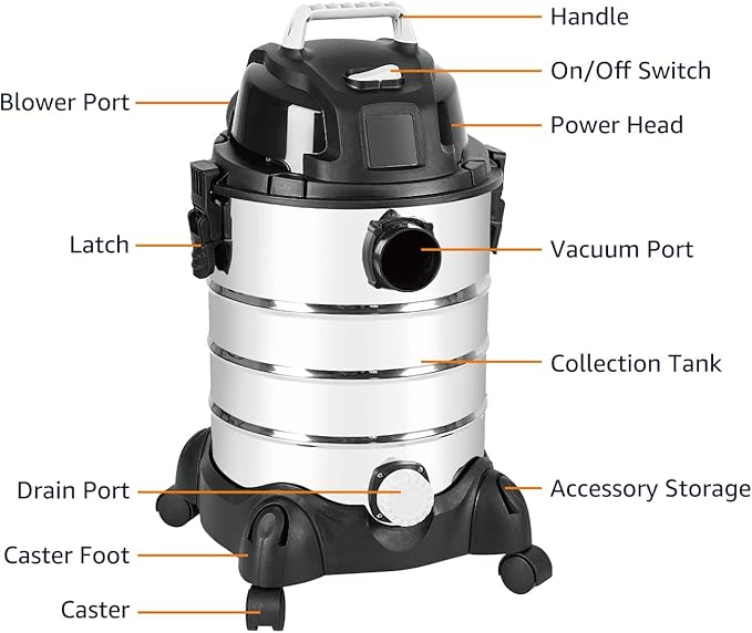 Amazon Basics Wet Dry Vacuum Cleaner, 6 gallon Shop, 3.5 HP Stainless Steel, Grey/Black