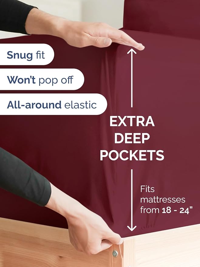 Extra Deep Pocket Cal King Sheets - 4 Piece Breathable & Cooling Bed Sheets - Hotel Luxury Bed Sheet Set - Soft, Wrinkle Free & Comfy - Easily Fits Extra Deep Mattresses - Deep Pocket Burgundy Sheets