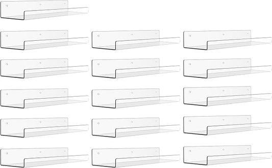 upsimples 16 Pack Acrylic Shelves for Wall Storage, 15" Floating Bookshelves for Kids, Display Shelf Organizer for Bathroom, Bedroom, Living Room, Kitchen, Room Decor, Clear