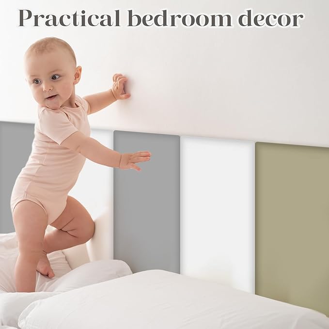 8 Pack Wall Padding for Playroom Peel and Stick Headboard 15.75" x 7.87" x 1.18" 3D Anti Collision Upholstered Wall Panels Self Adhesive Headboard Panel for Protection (Gray Colors)
