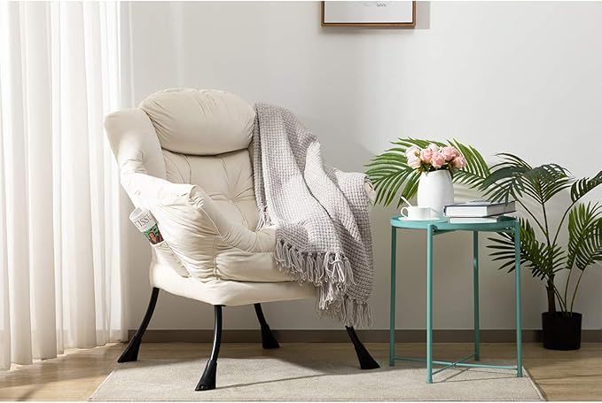 HollyHOME Lazy Chair with Armrest and Side Pocket, Comfy Accent Lounge Chair,Leisure Sofa Armchair for Living Room, Bedroom, Dorm, or Small Spaces, Oversized Reading Sofa Chair,Velvet Beige