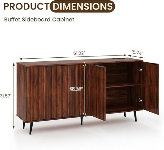 COCO DESIGN 61" Buffet Sideboard with Fluted Panel Doors, Power Outlet & Adjustable Shelves, Storage Cabinet with Adjustable Metal Legs, Modern Farmhouse Console for Dining Room Kitchen, Walnut