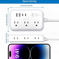 10 ft Flat Extension Cord, Flat Plug Power Strip with 6 Outlets 4 USB Ports, Wall Mounted Outlet Extender, Overload Protection for Indoor, Home, Office Supplies, Dorm Room Essentials